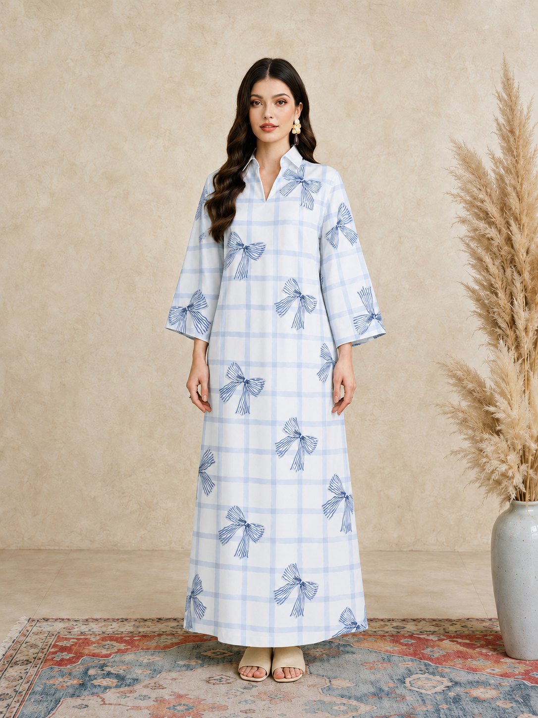 Blue Checked Bow Print Open Collar Jalabiya