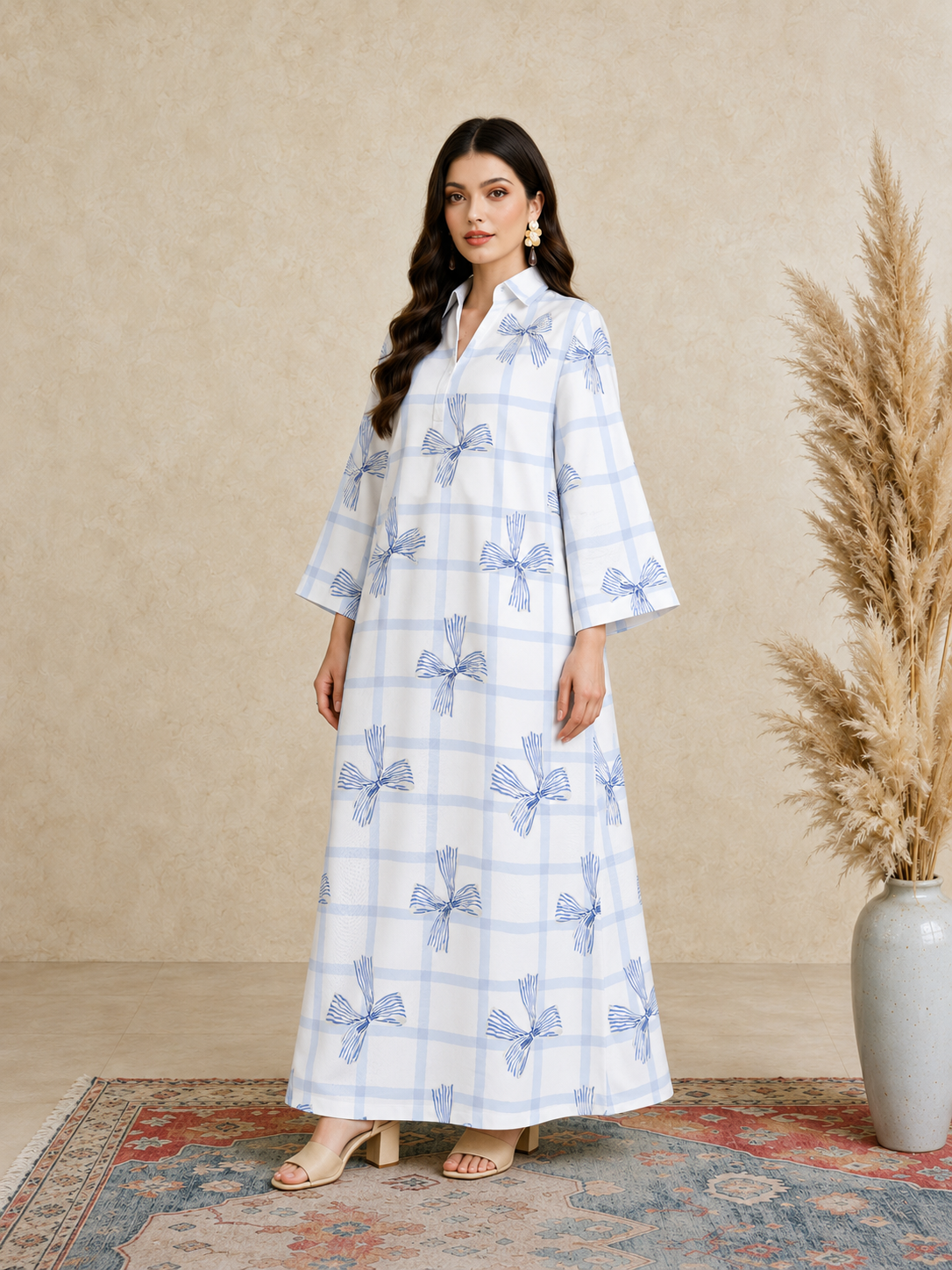 Blue Checked Bow Print Open Collar Jalabiya