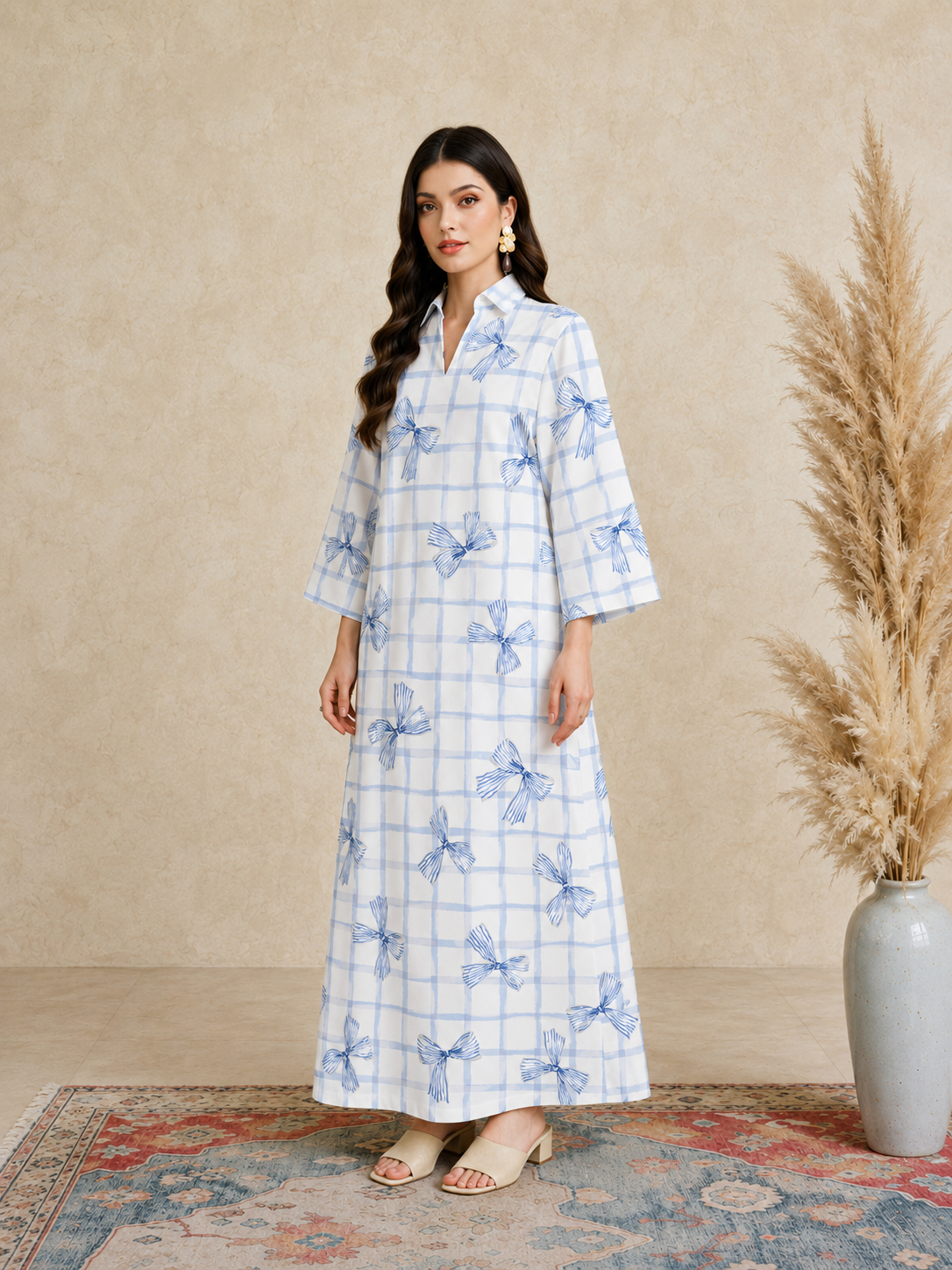 Blue Checked Bow Print Open Collar Jalabiya