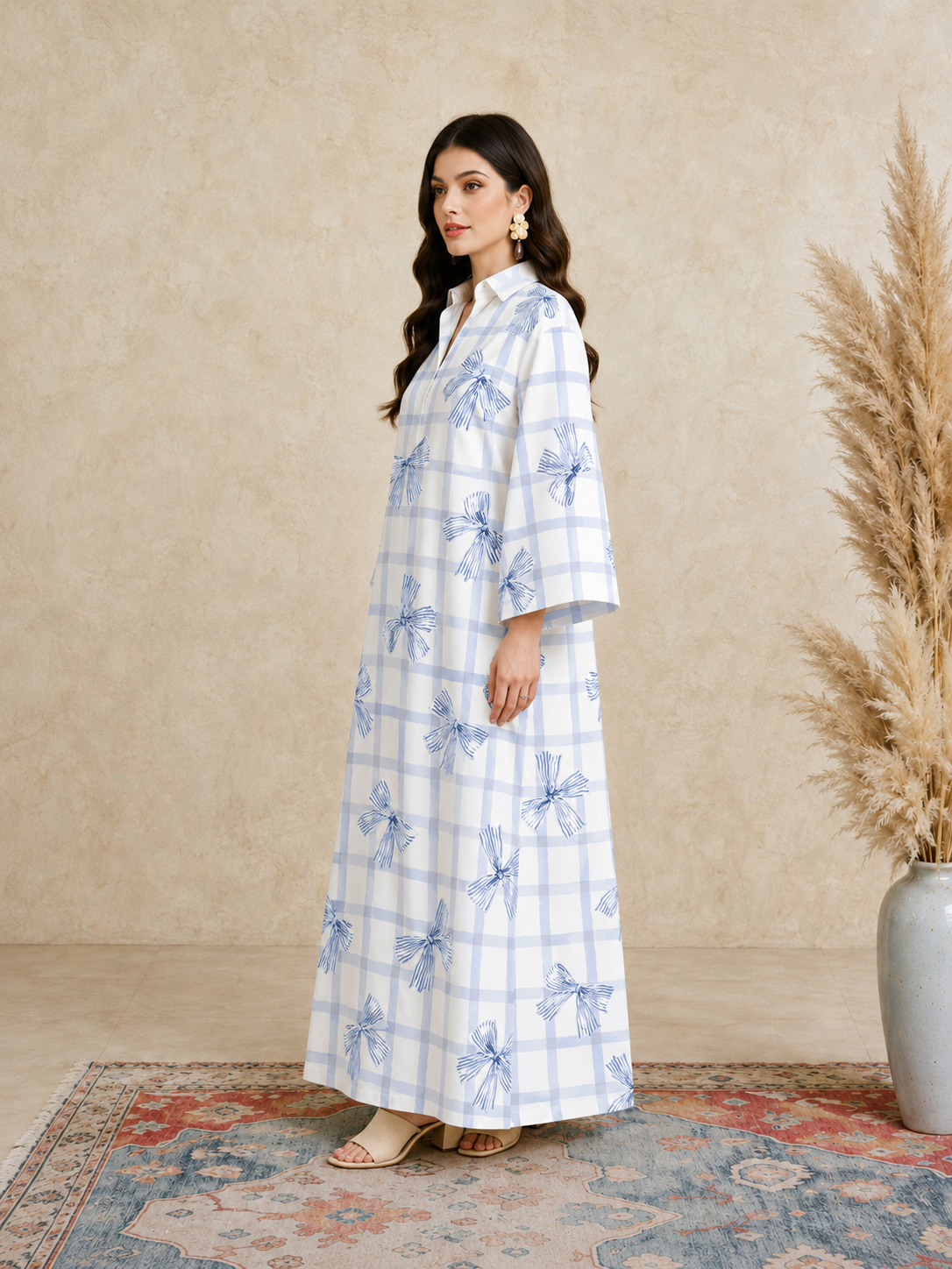 Blue Checked Bow Print Open Collar Jalabiya