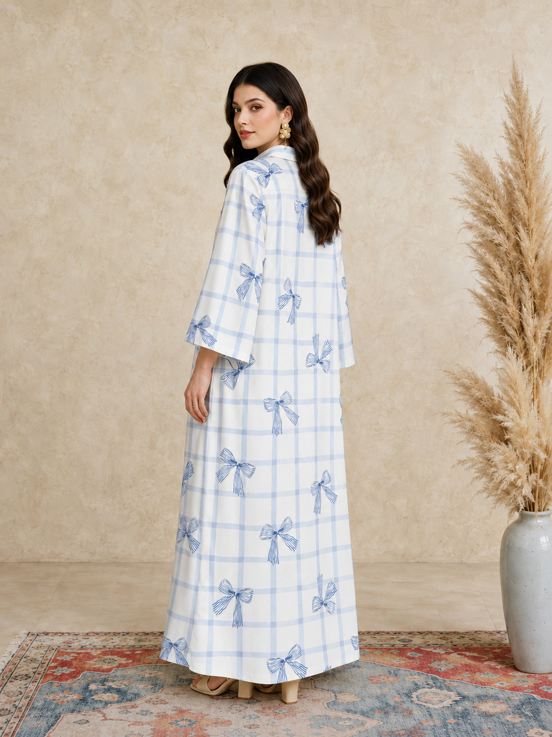 Blue Checked Bow Print Open Collar Jalabiya