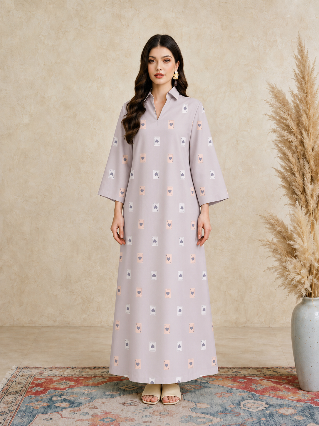 Pink Heart Print Open Collar Jalabiya