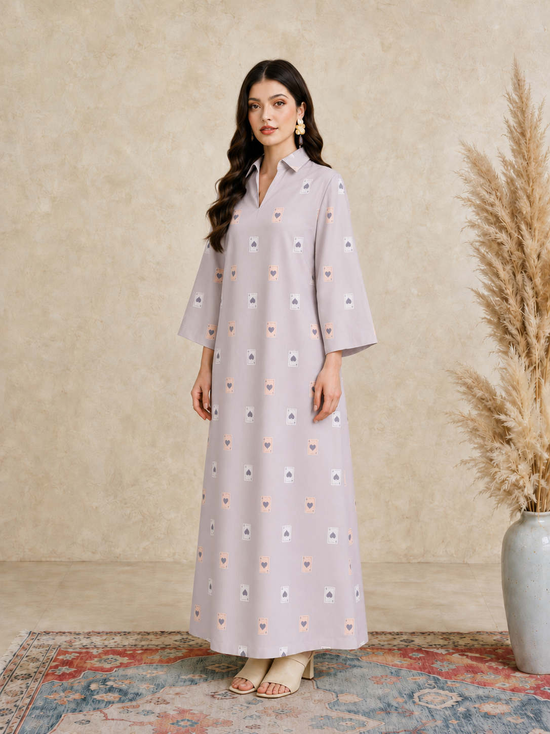 Pink Heart Print Open Collar Jalabiya