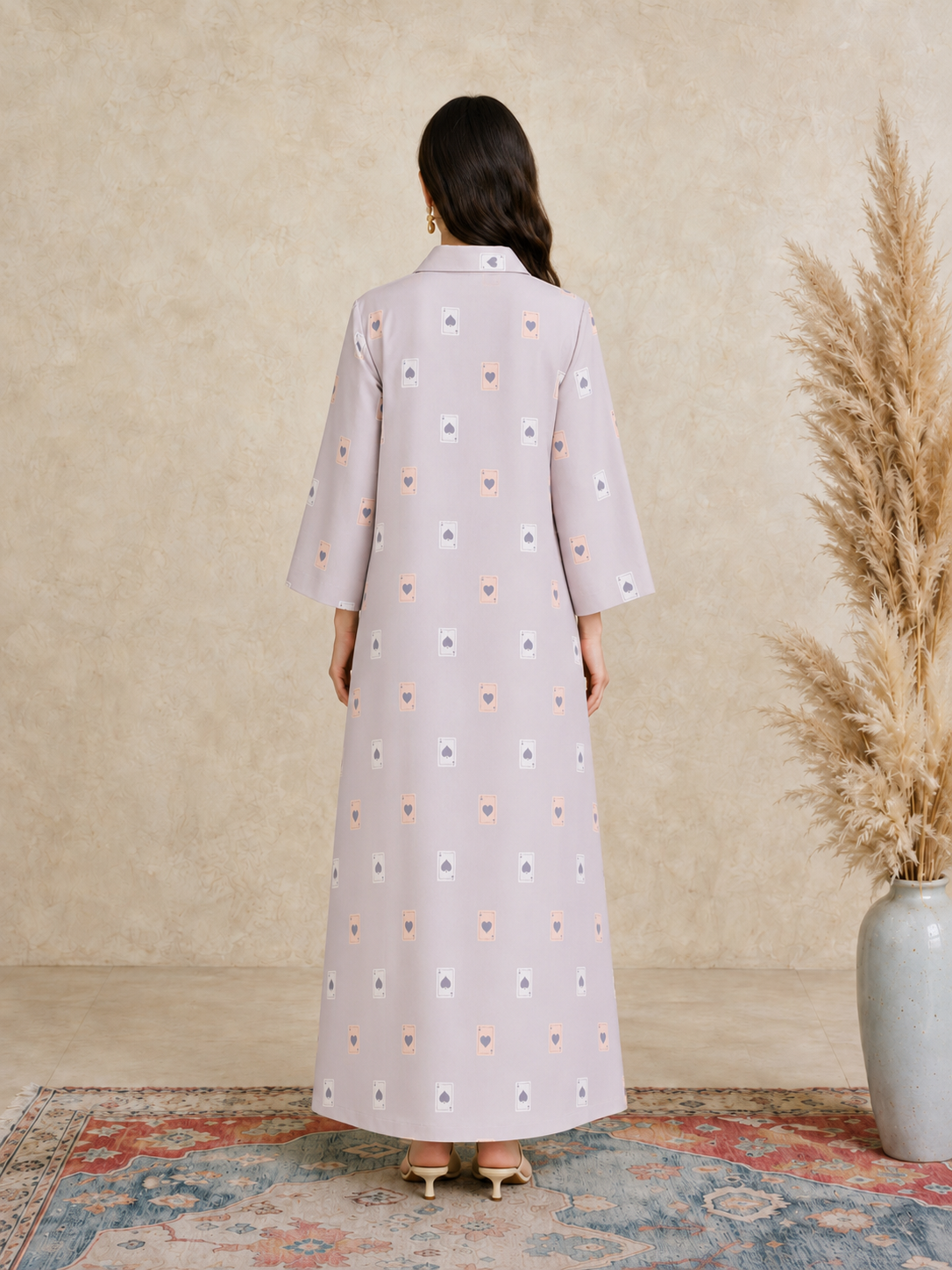 Pink Heart Print Open Collar Jalabiya