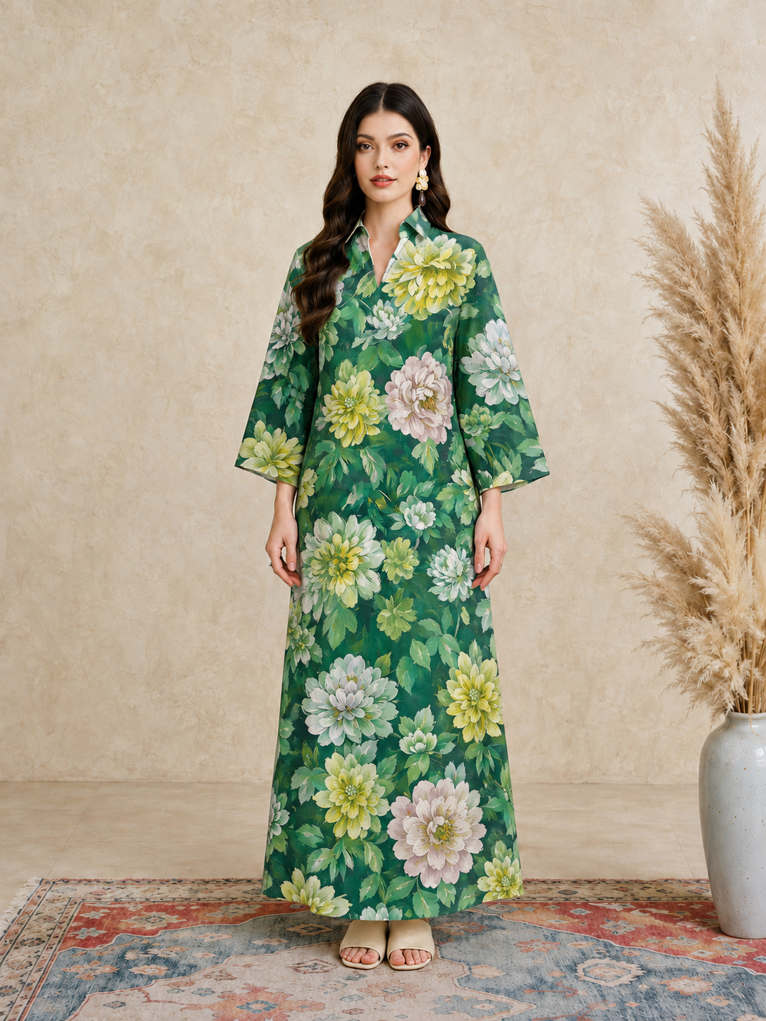 Green Floral Print Open Collar Jalabiya