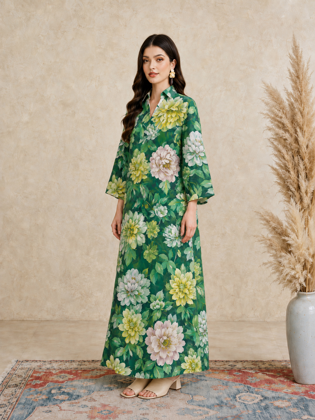 Green Floral Print Open Collar Jalabiya