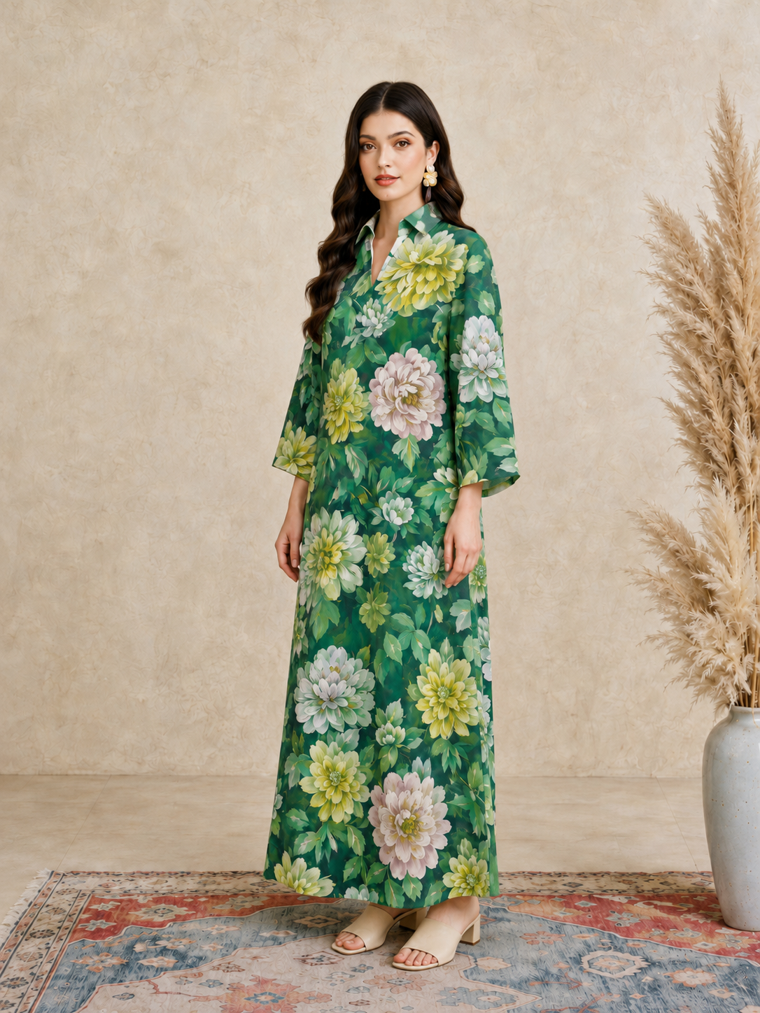 Green Floral Print Open Collar Jalabiya