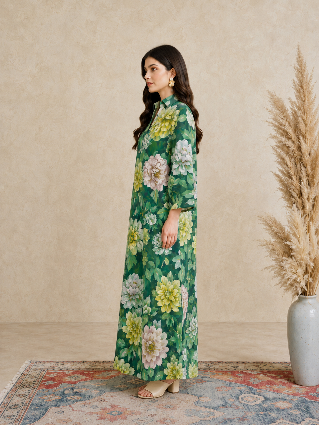 Green Floral Print Open Collar Jalabiya