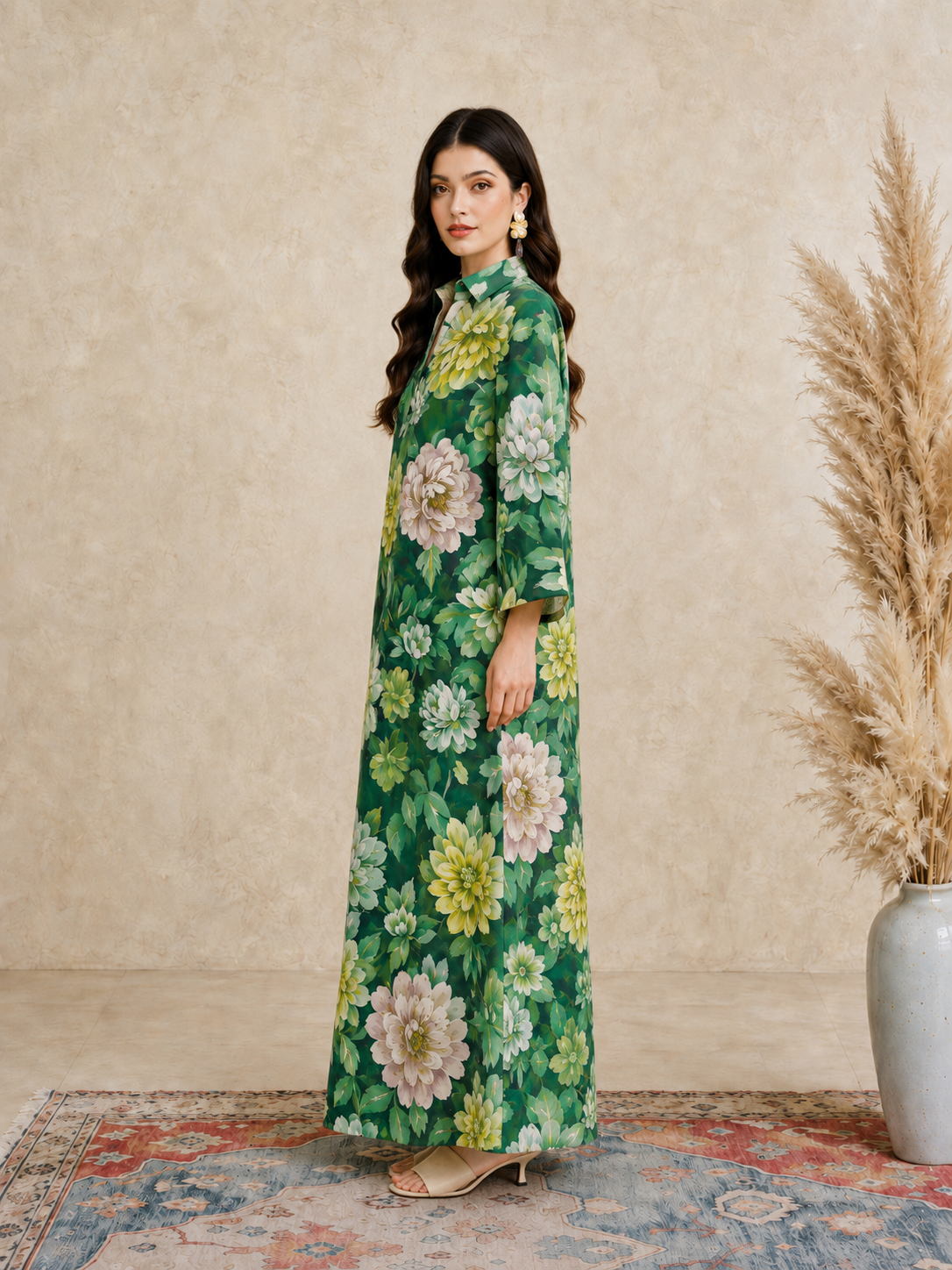 Green Floral Print Open Collar Jalabiya