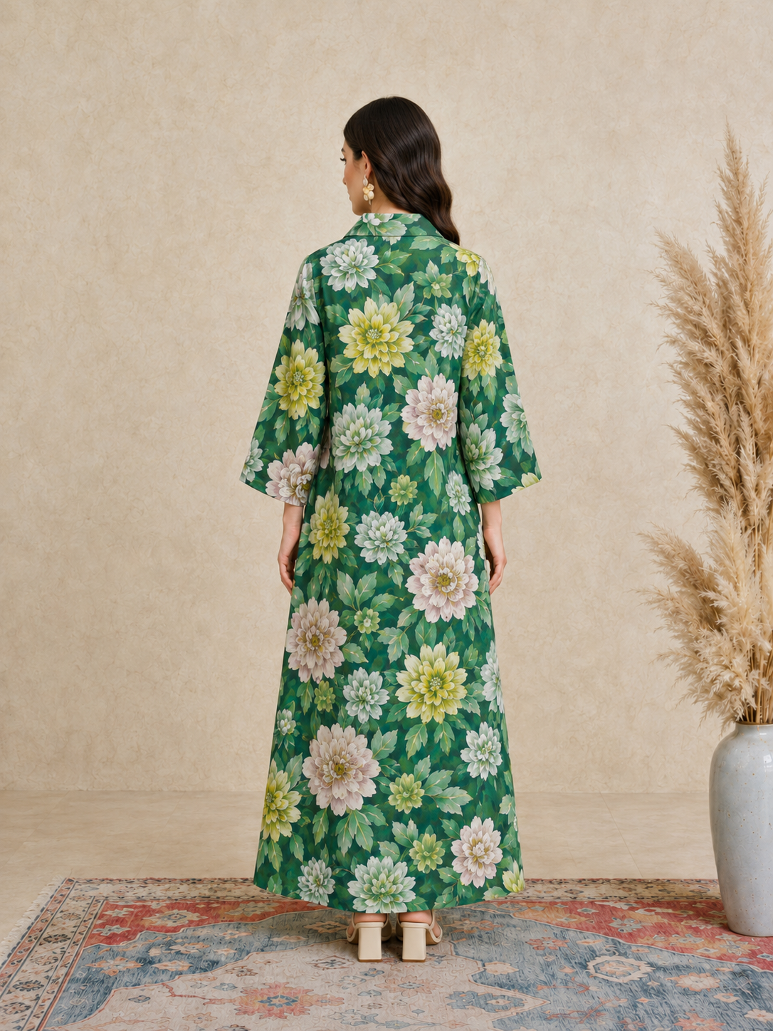 Green Floral Print Open Collar Jalabiya