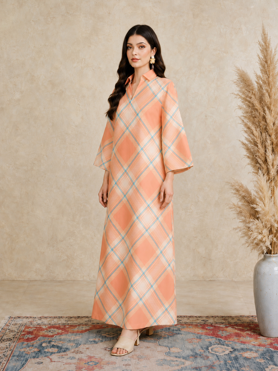 Orange Plaid Print Open Collar Jalabiya