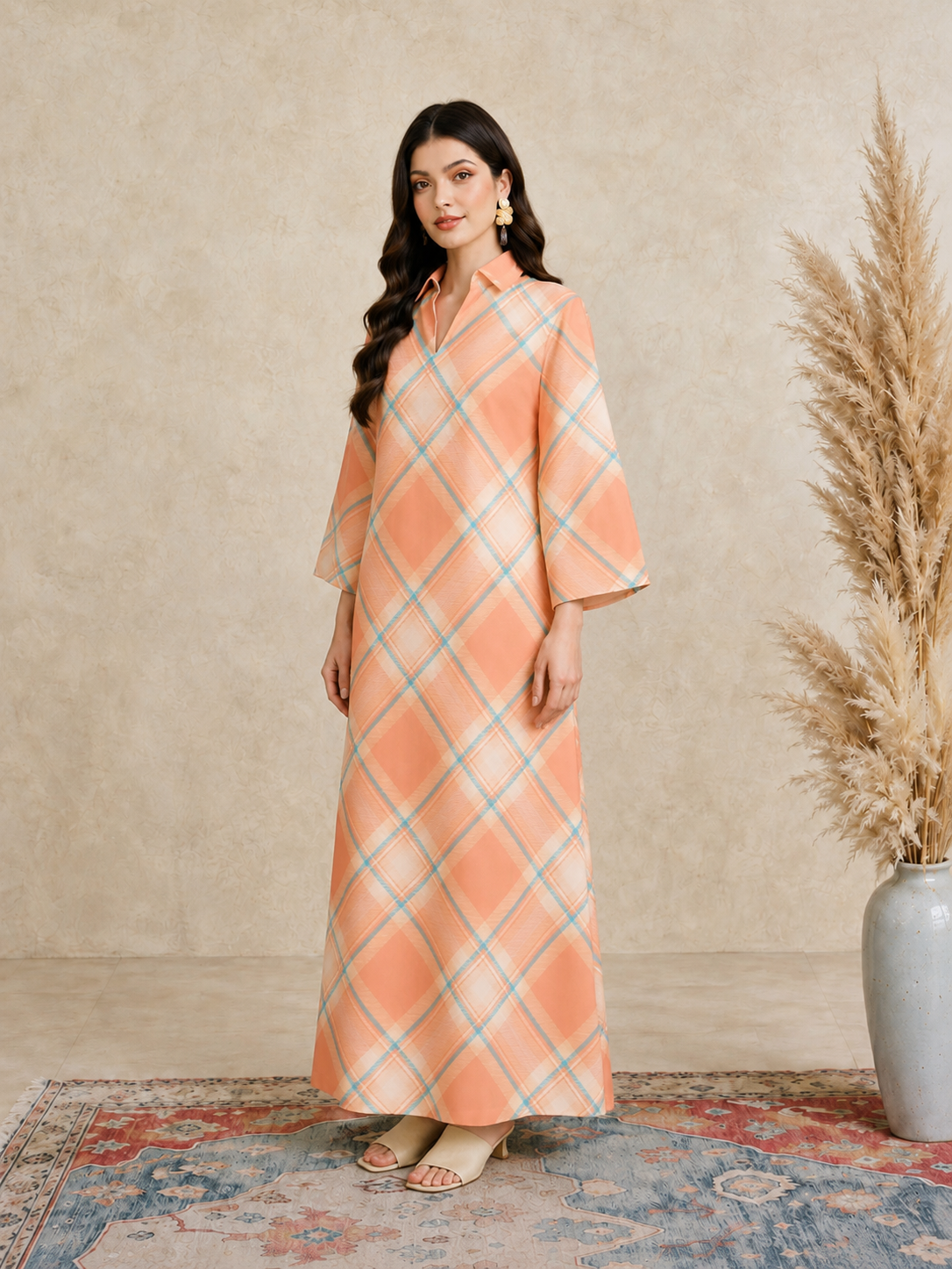 Orange Plaid Print Open Collar Jalabiya