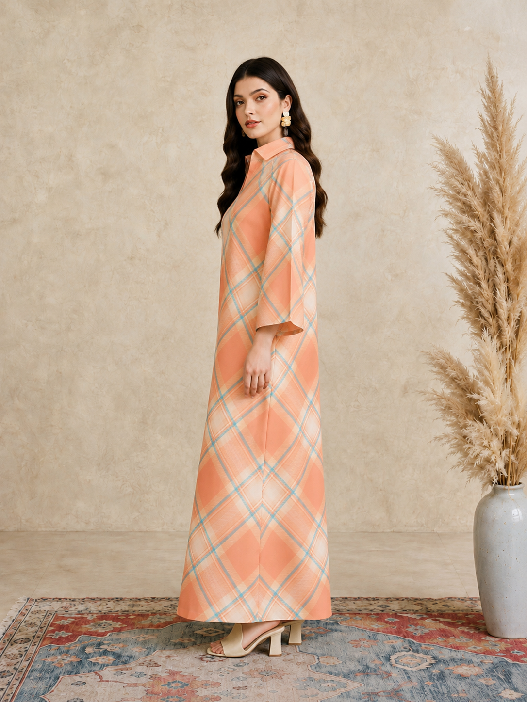 Orange Plaid Print Open Collar Jalabiya