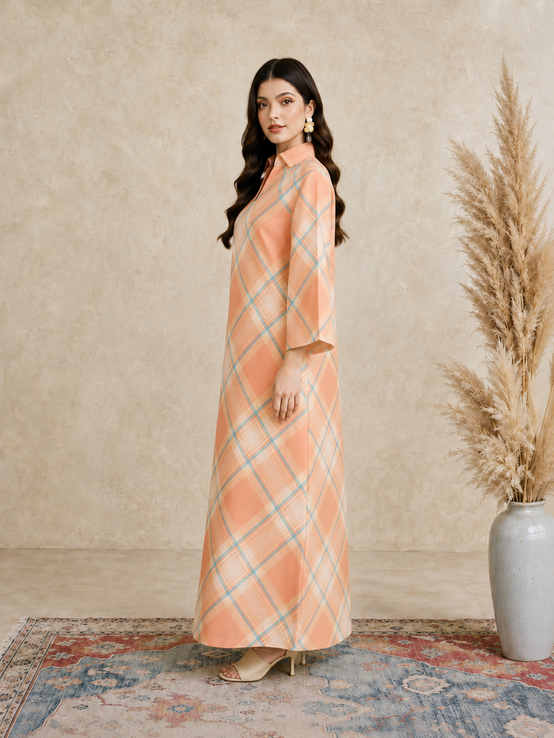 Orange Plaid Print Open Collar Jalabiya
