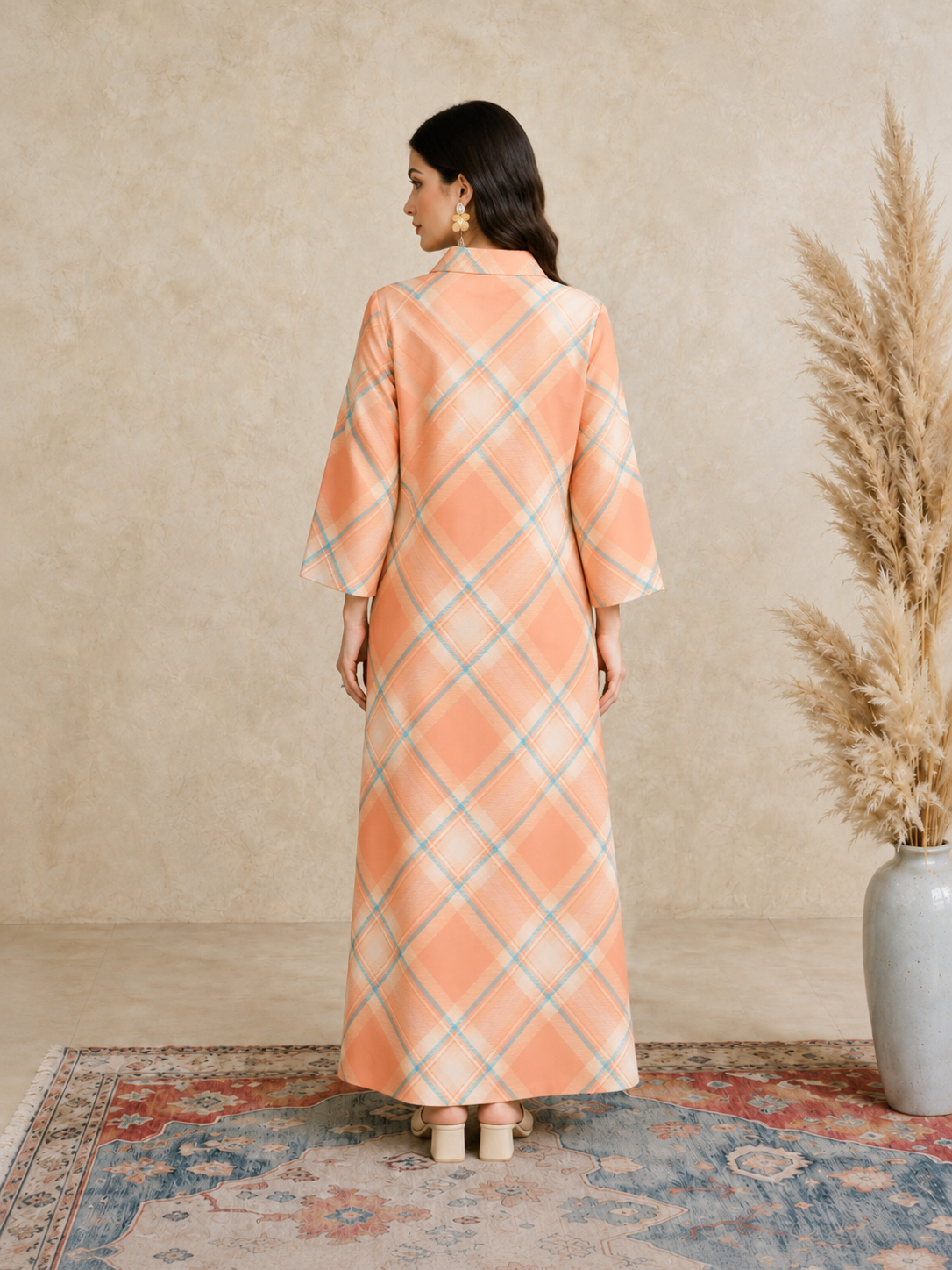 Orange Plaid Print Open Collar Jalabiya