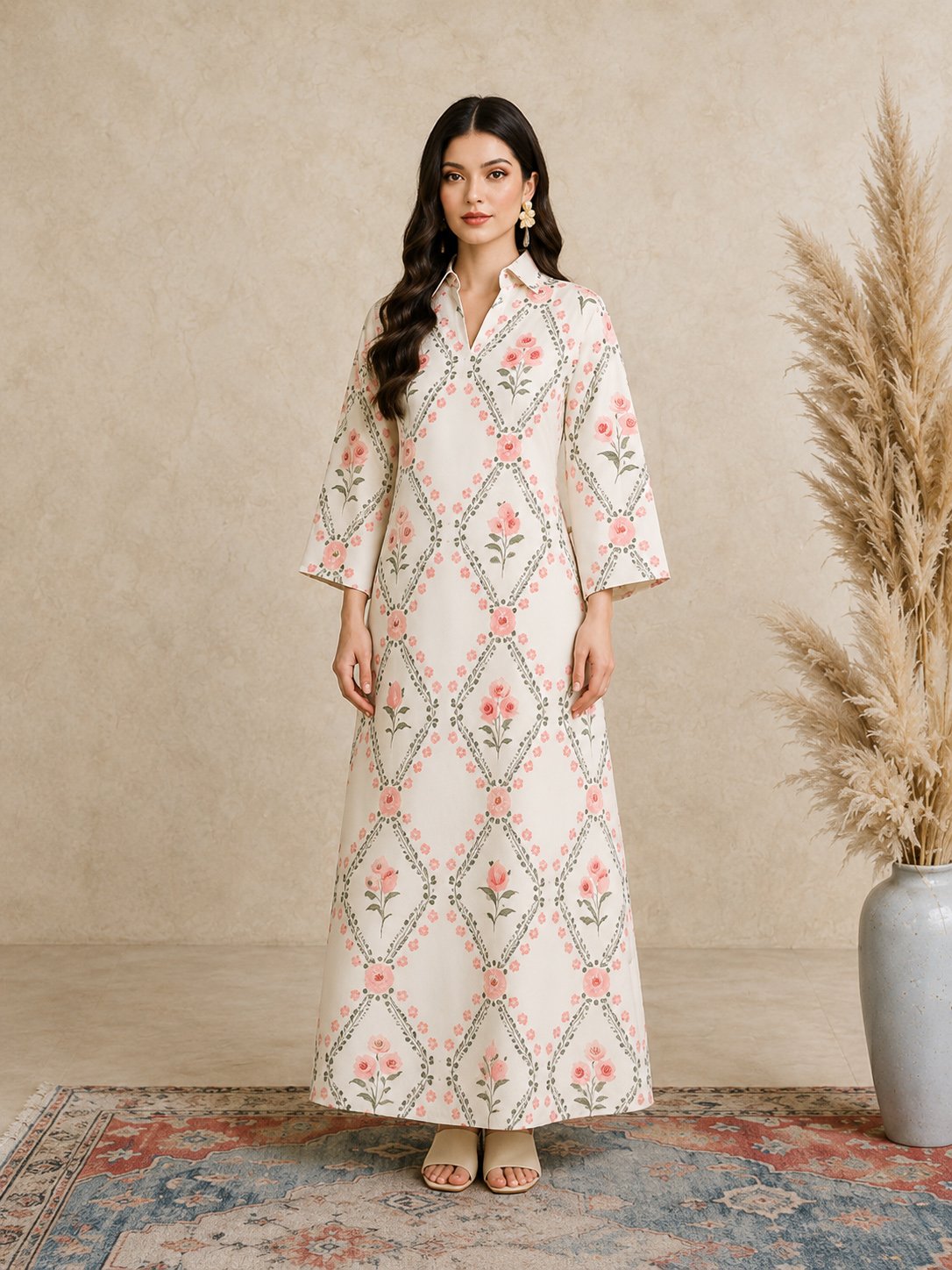 Cream Floral Print Open Collar Jalabiya