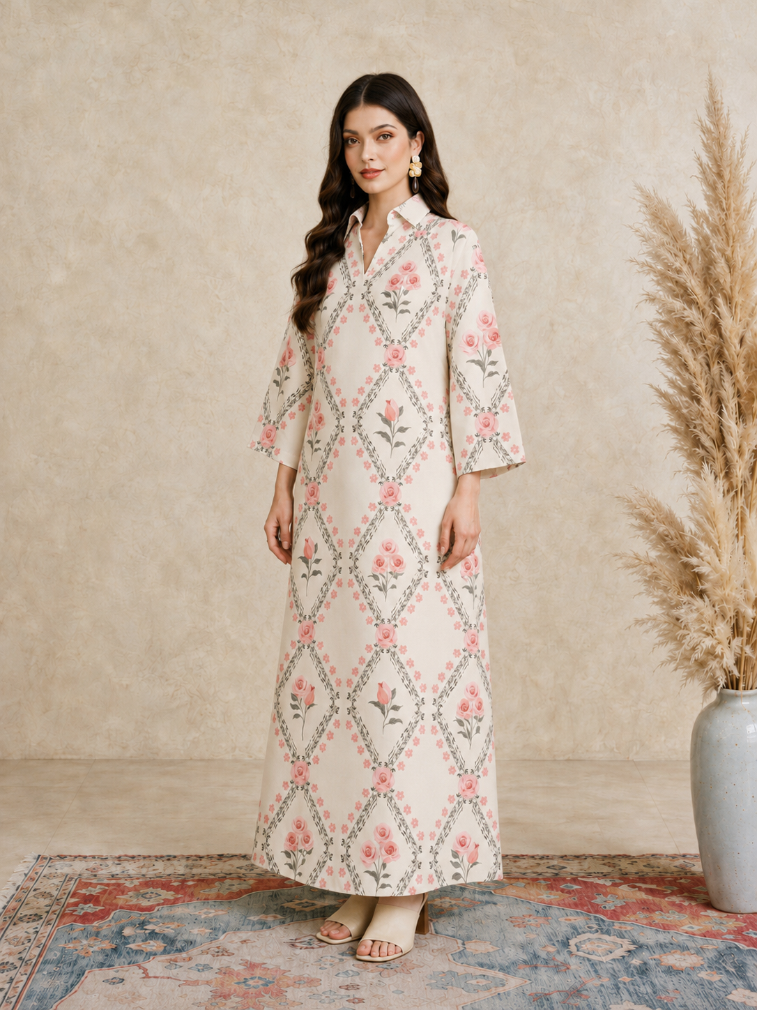 Cream Floral Print Open Collar Jalabiya