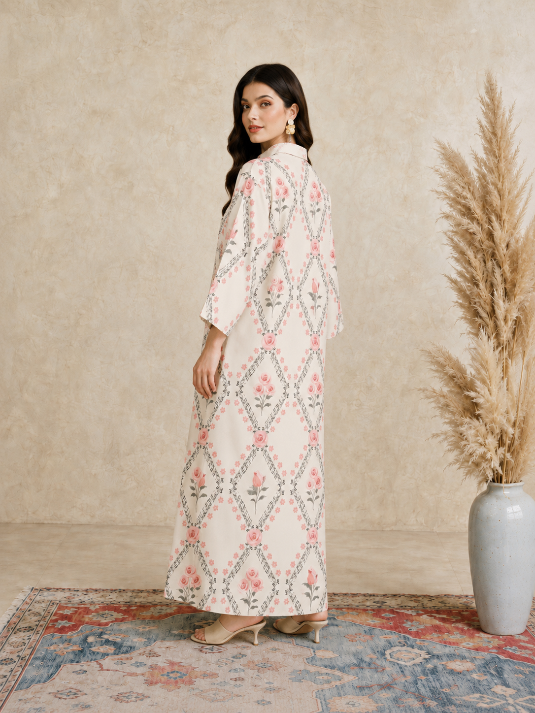 Cream Floral Print Open Collar Jalabiya