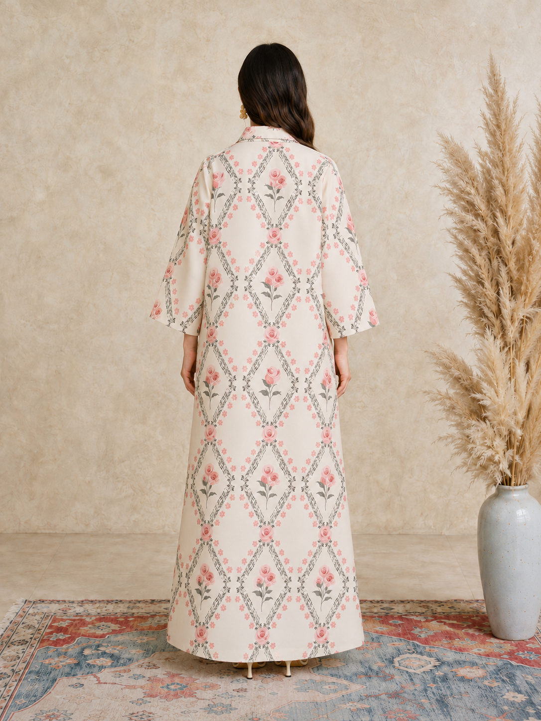 Cream Floral Print Open Collar Jalabiya