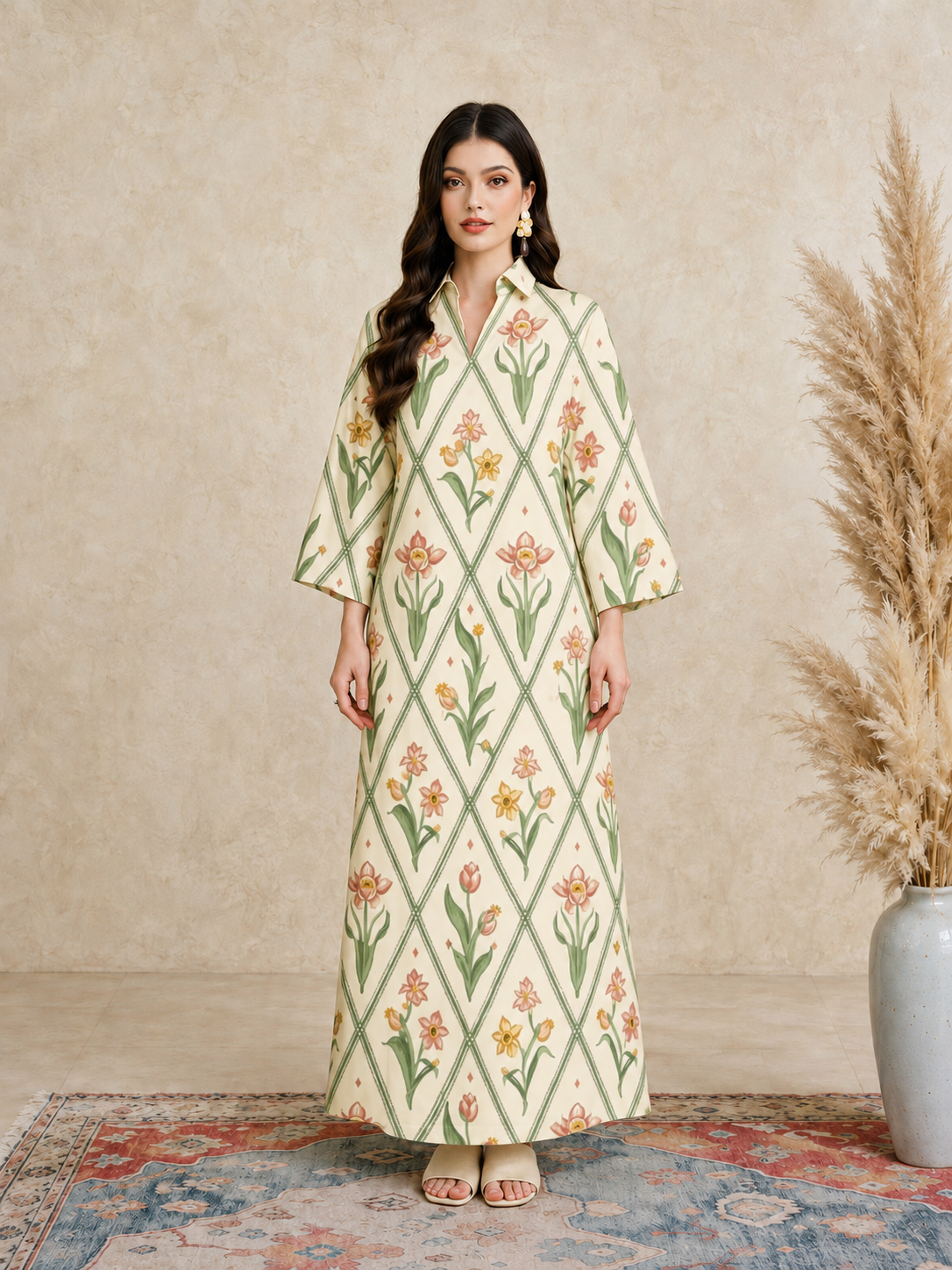 Cream Floral Print Open Collar Jalabiya