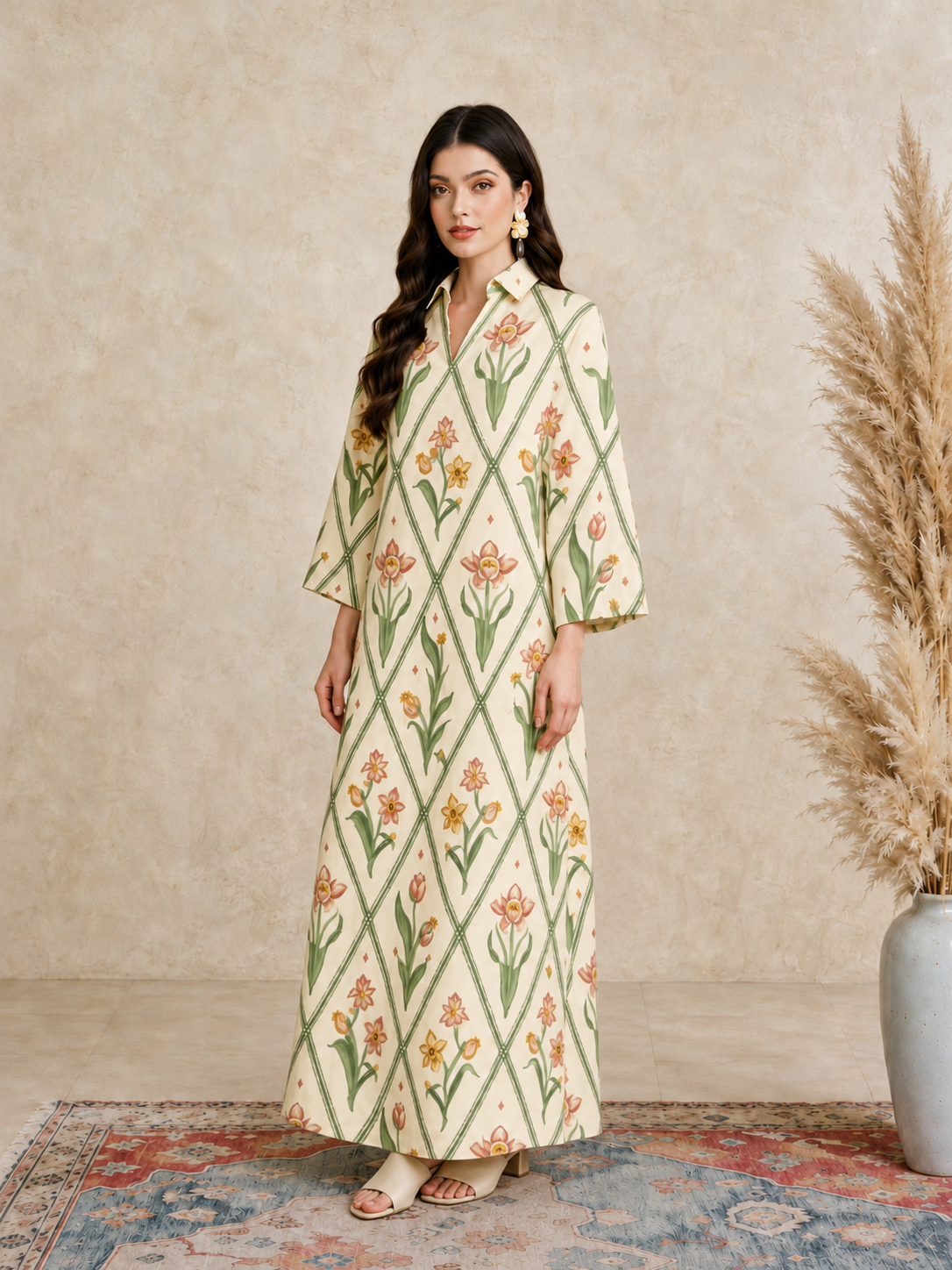 Cream Floral Print Open Collar Jalabiya