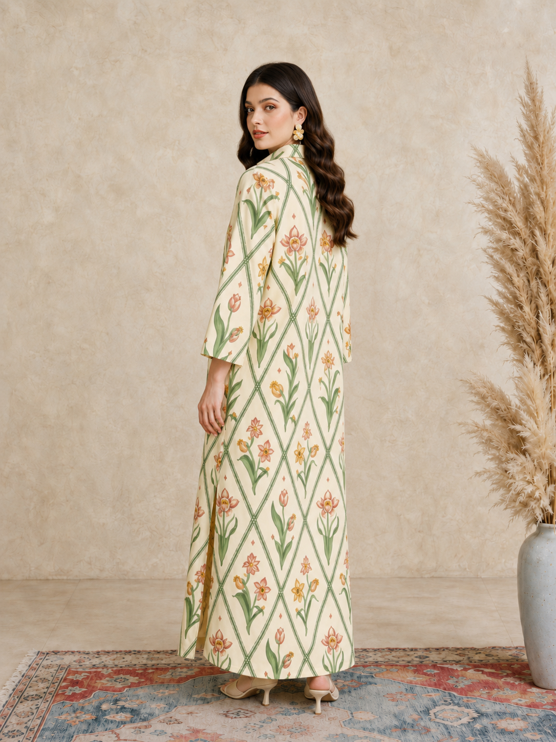 Cream Floral Print Open Collar Jalabiya