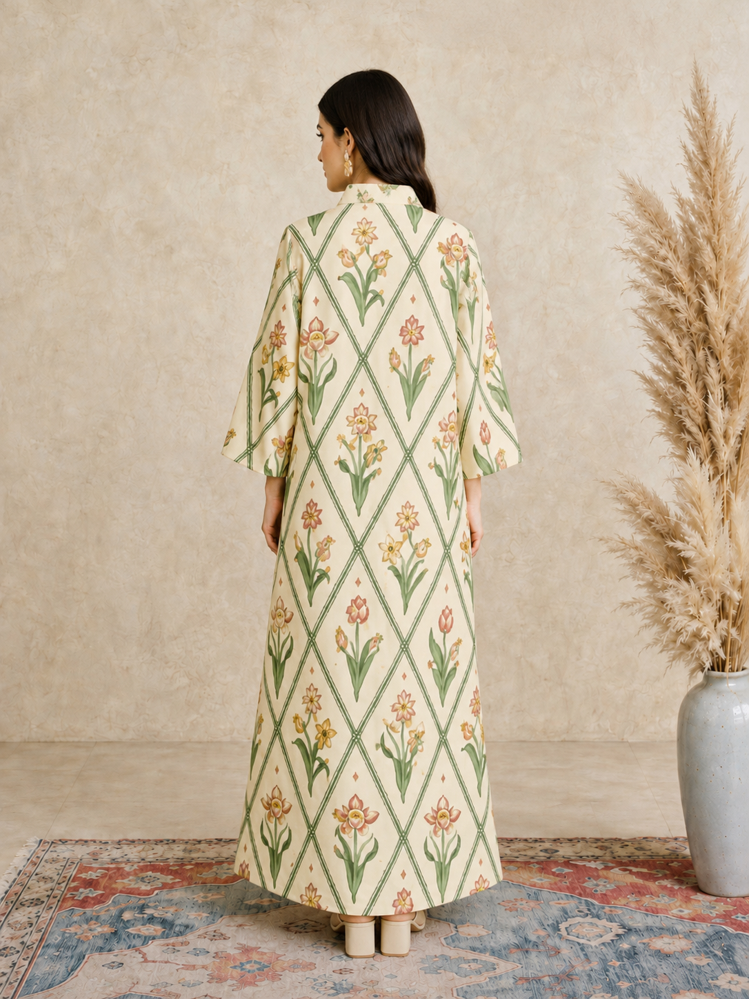 Cream Floral Print Open Collar Jalabiya