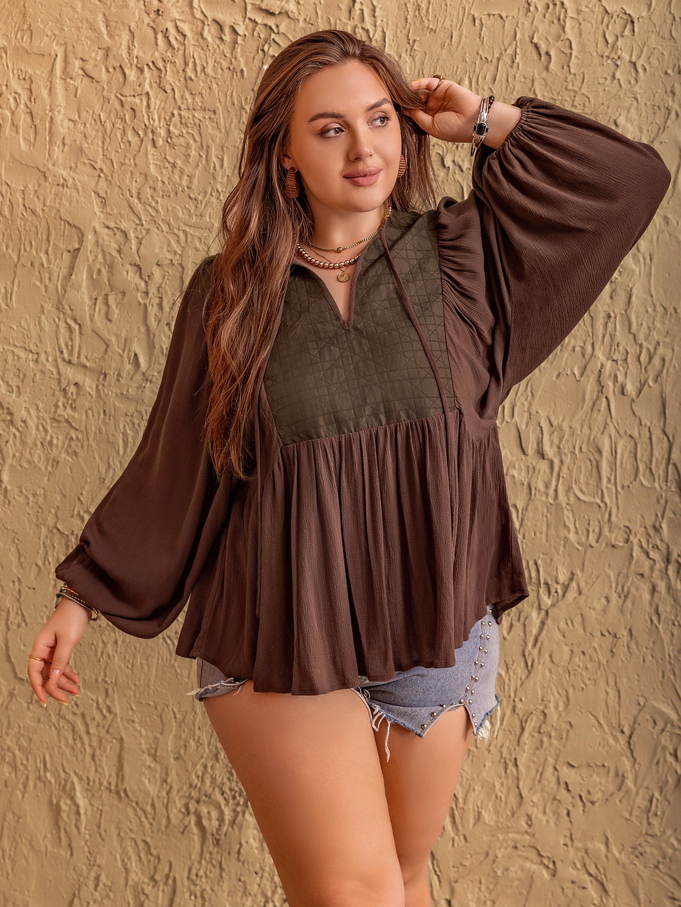 Plus Size Coffee Brown Long Sleeve Long Top