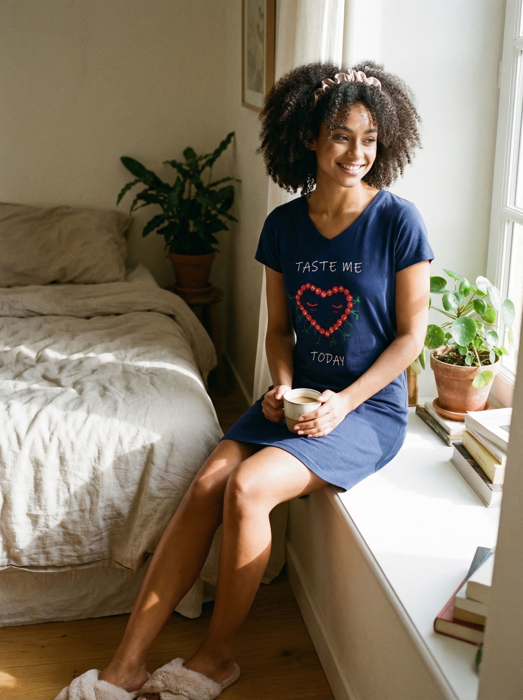 Fruit Print Sleep Shirt with V Neck and Short Sleeve