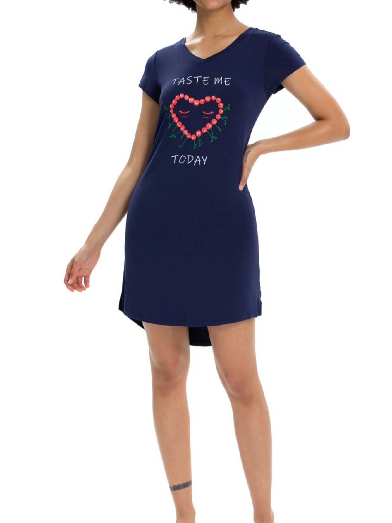 Fruit Print Sleep Shirt with V Neck and Short Sleeve