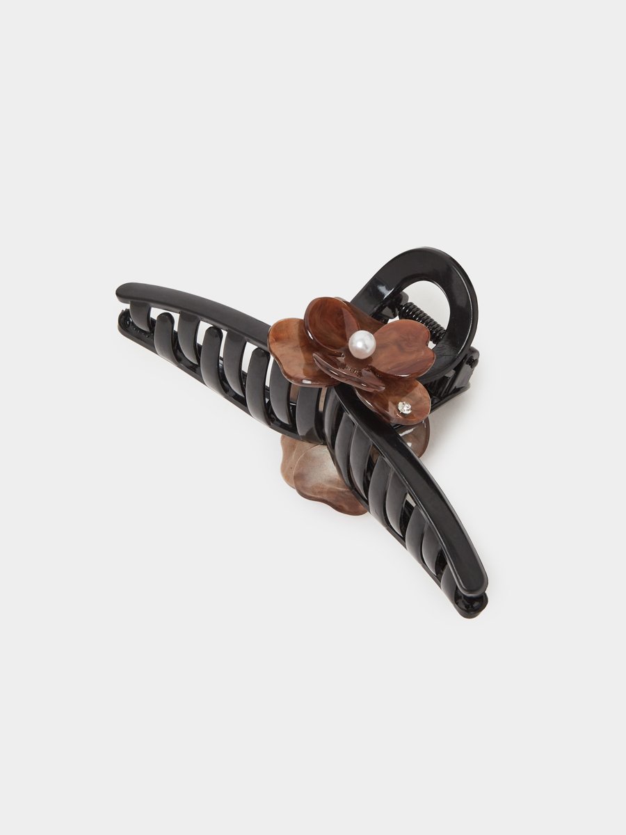 Brown Floral Pearl Embellished Hair Claw