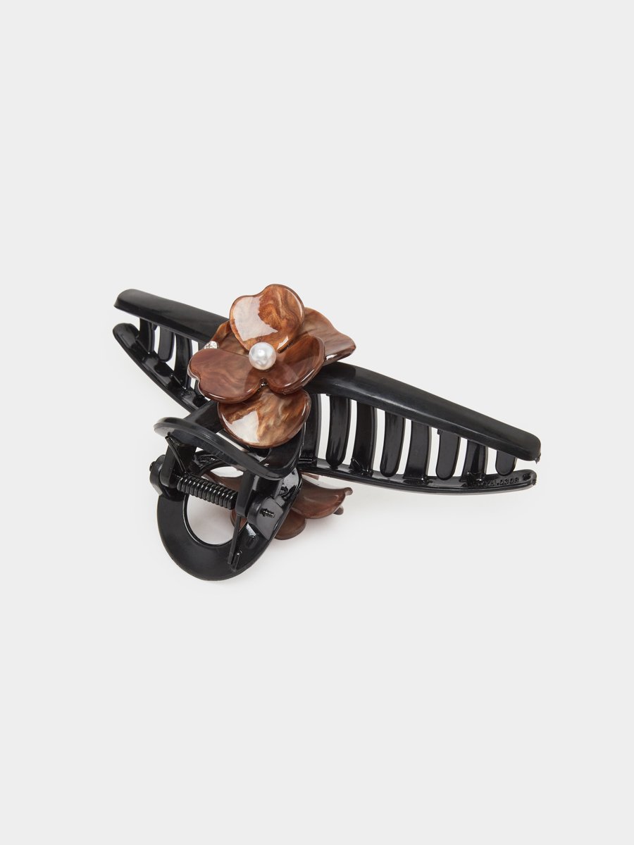 Brown Floral Pearl Embellished Hair Claw