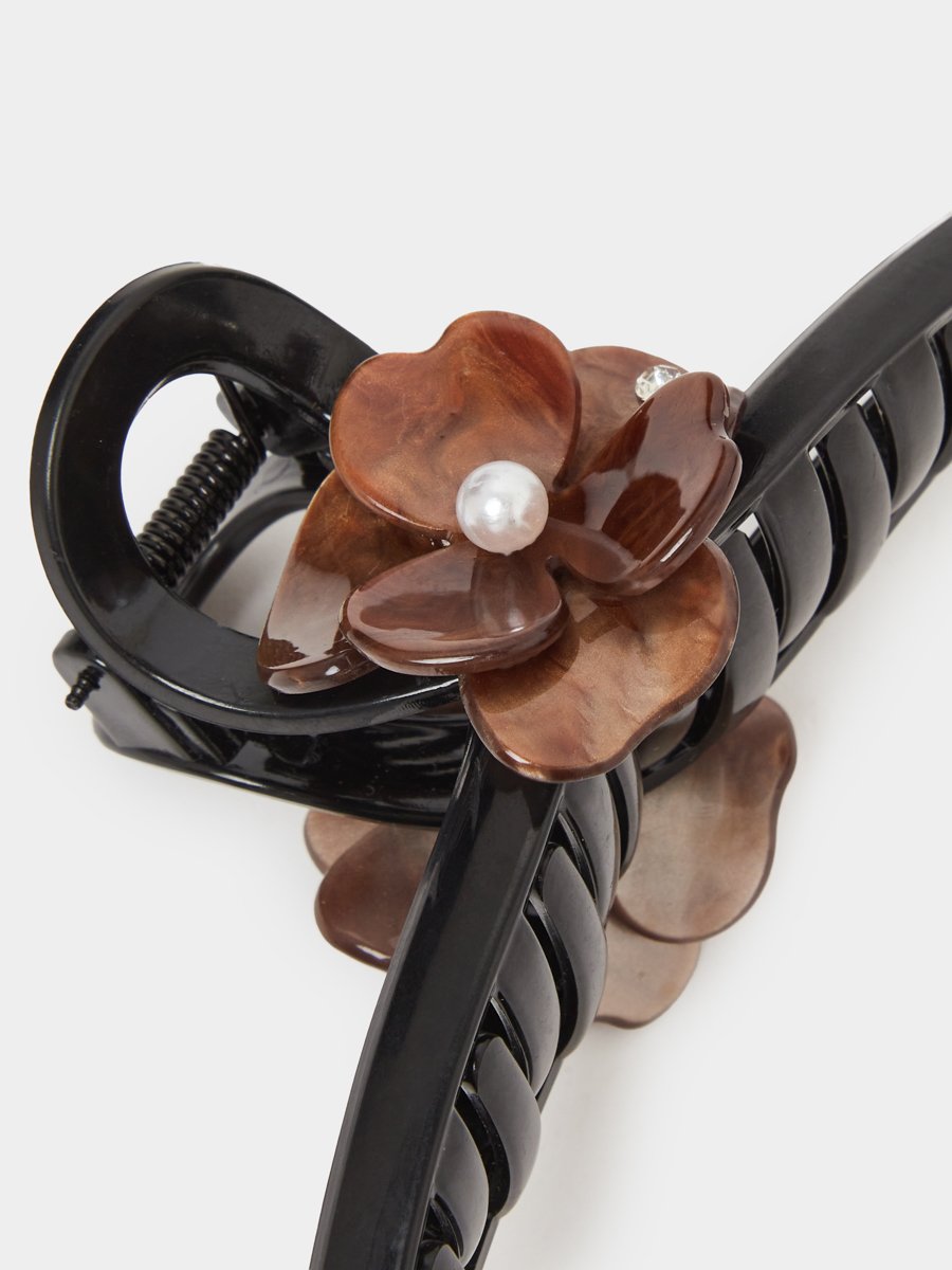 Brown Floral Pearl Embellished Hair Claw
