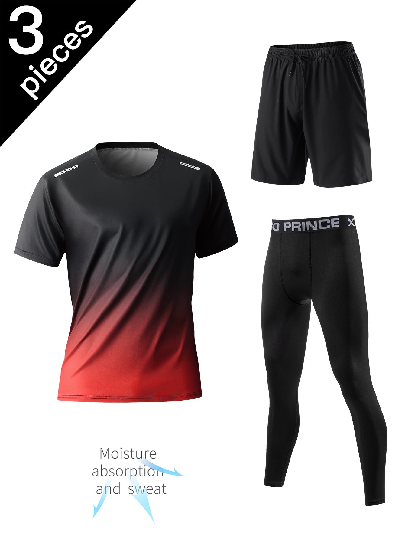 Men Gradient Performance 3-Piece T-Shirt, Shorts and Compression Tights Set