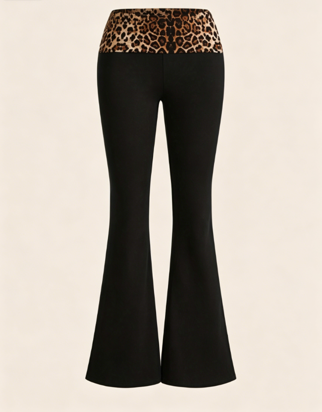 Black Flare Leg Trousers with Leopard Print Waistband