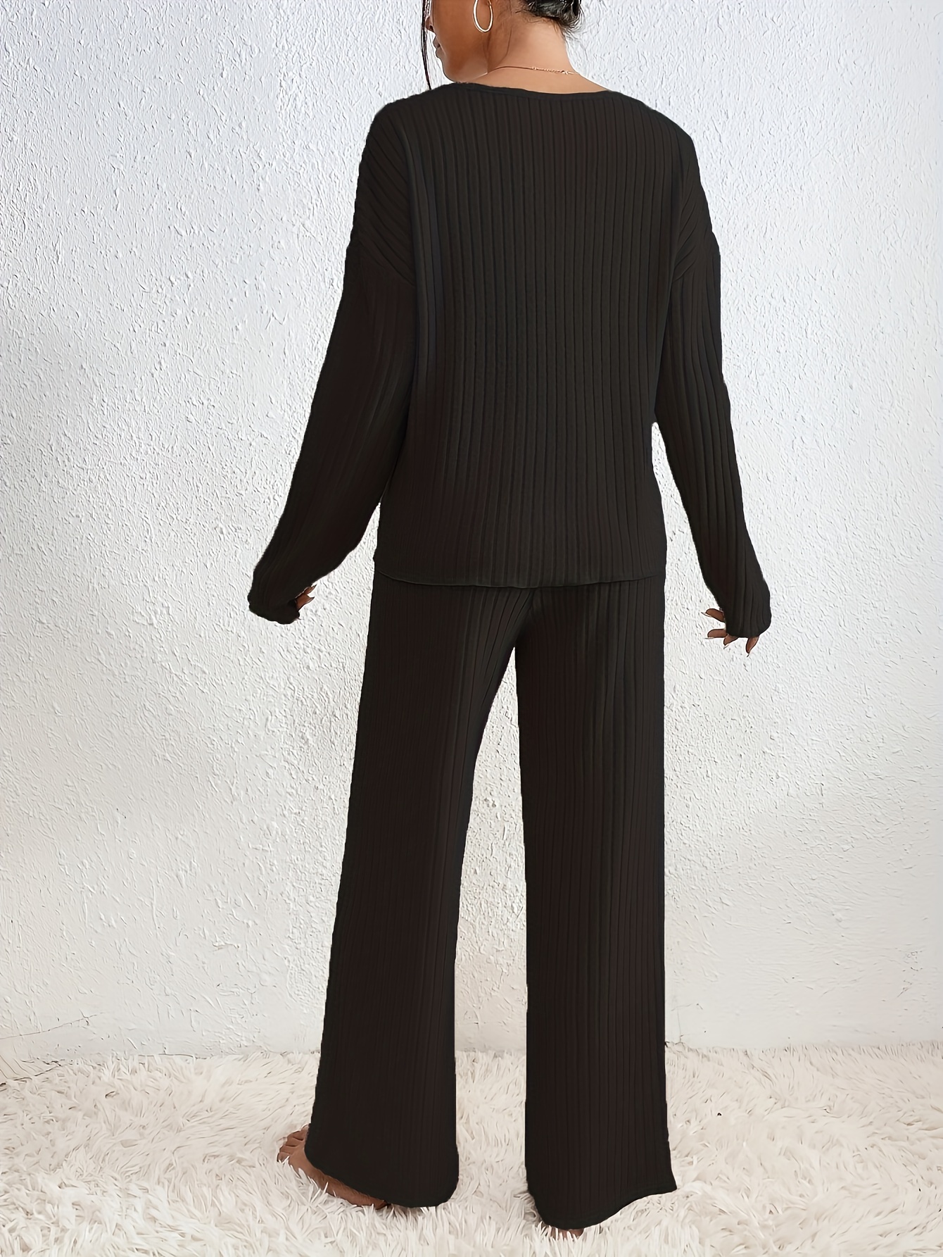 Black Rib-Knit V-Neck Top and Wide-Leg Trousers Co-Ord Set