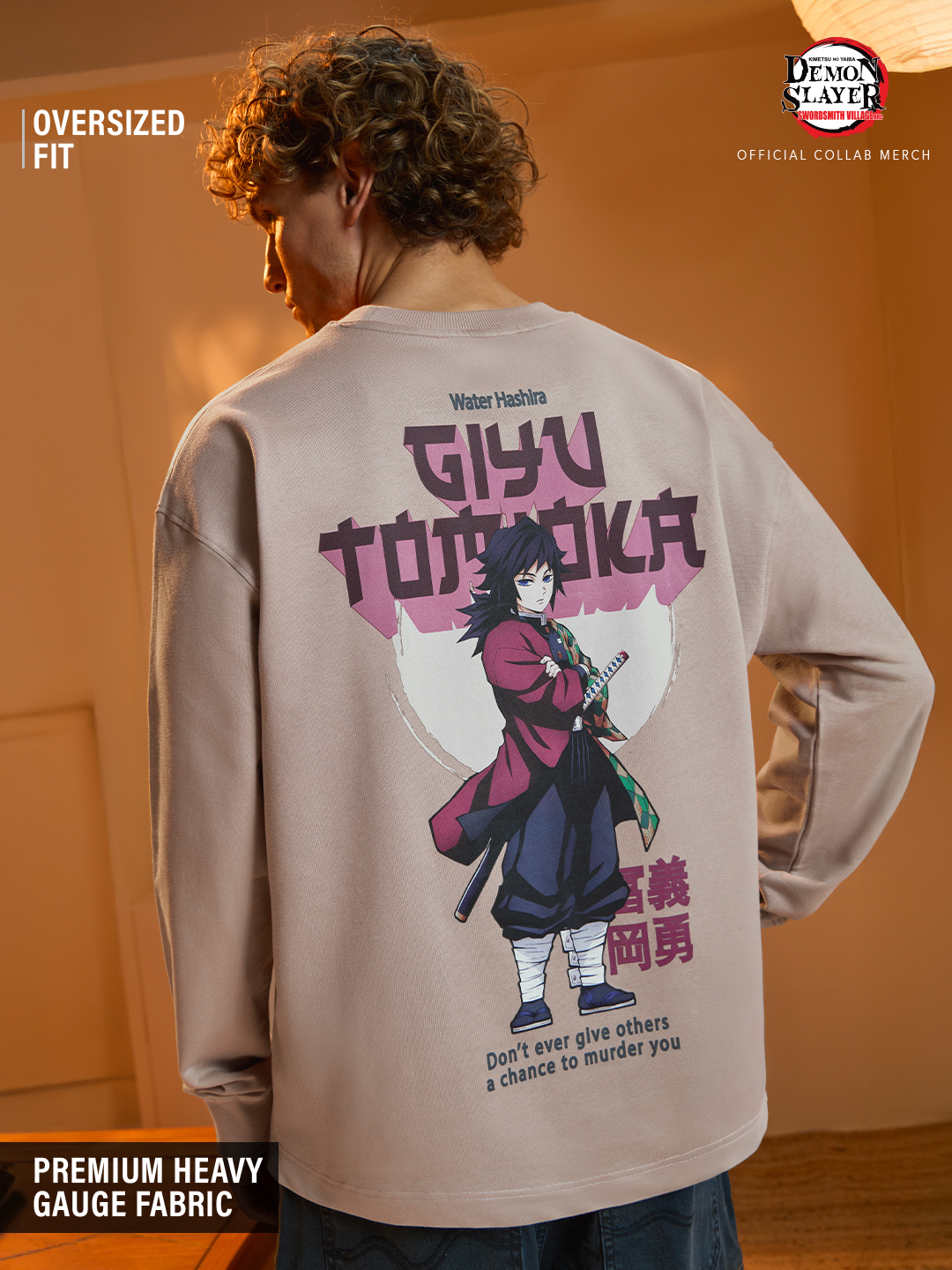 Men Demon Slayer Giyu Tomioka Graphic Oversized Fit Long Sleeve T-Shirt