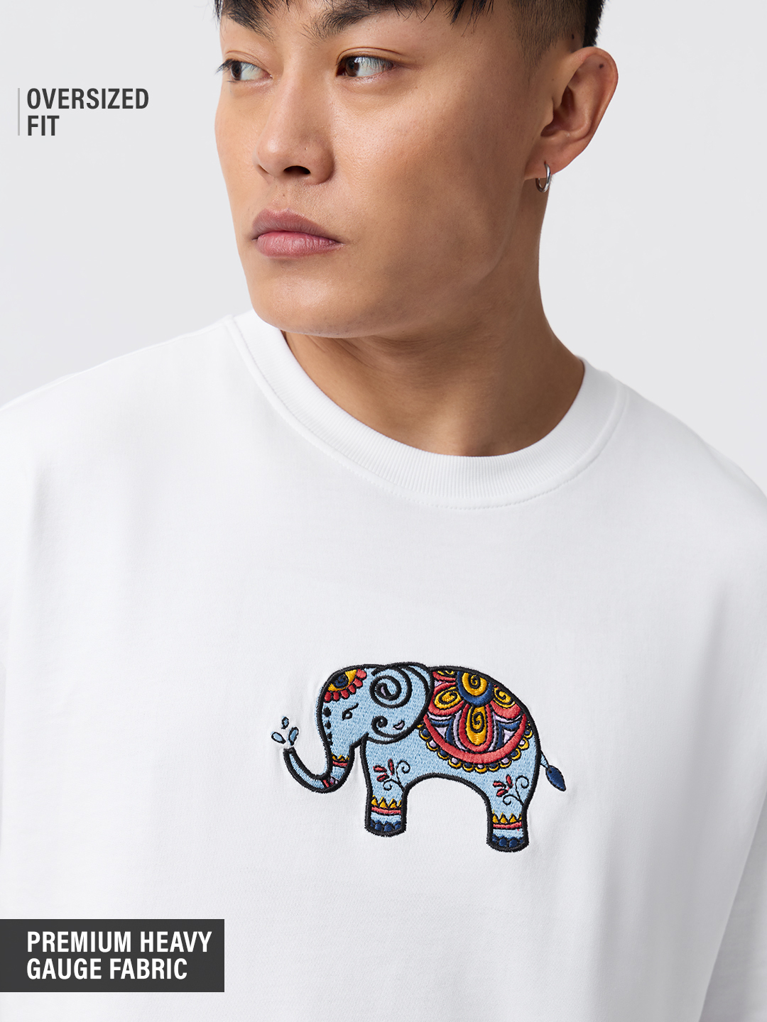 Men White Embroidered Elephant Crew Neck Oversized Fit T-Shirt