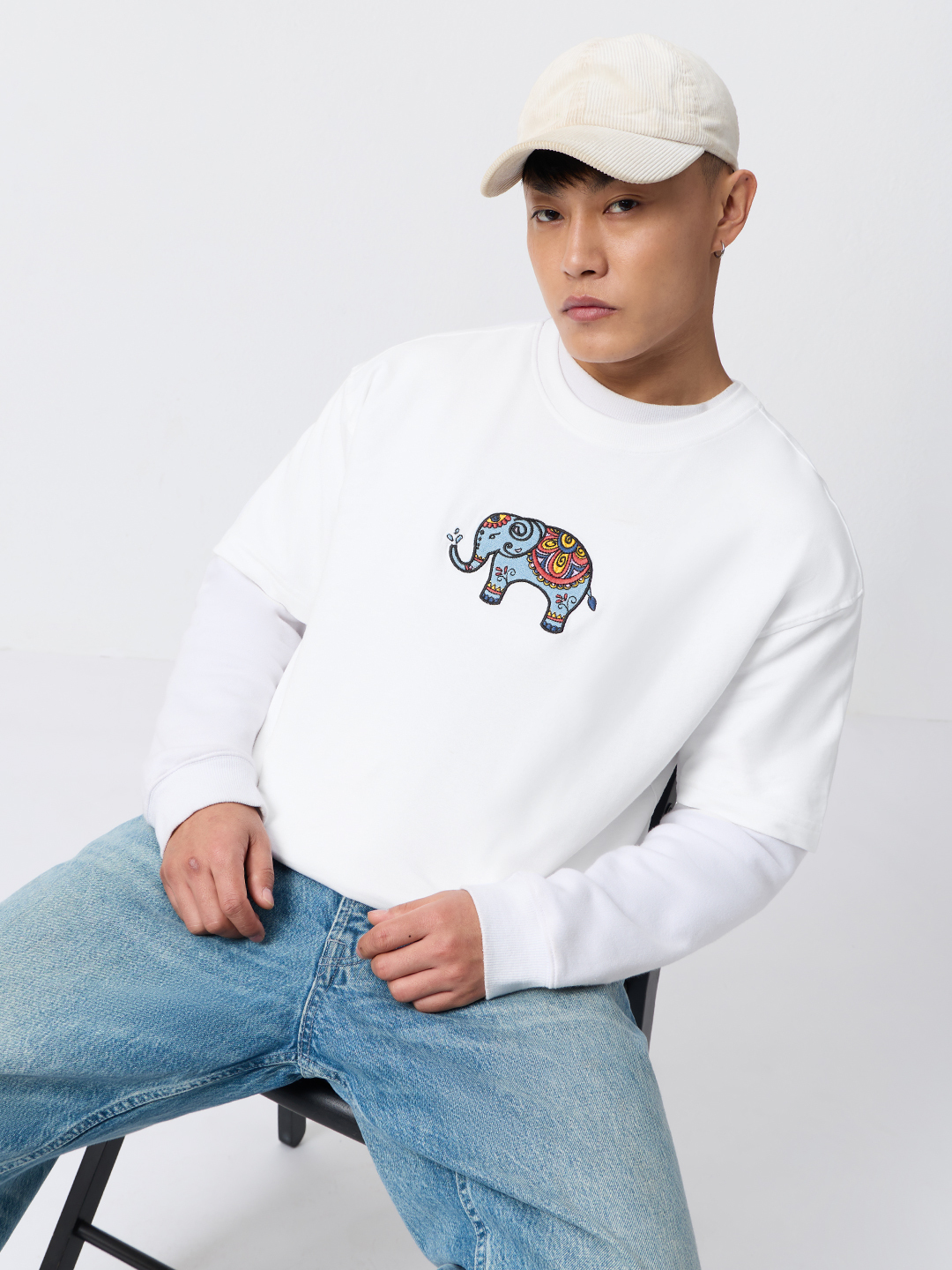 Men White Embroidered Elephant Crew Neck Oversized Fit T-Shirt