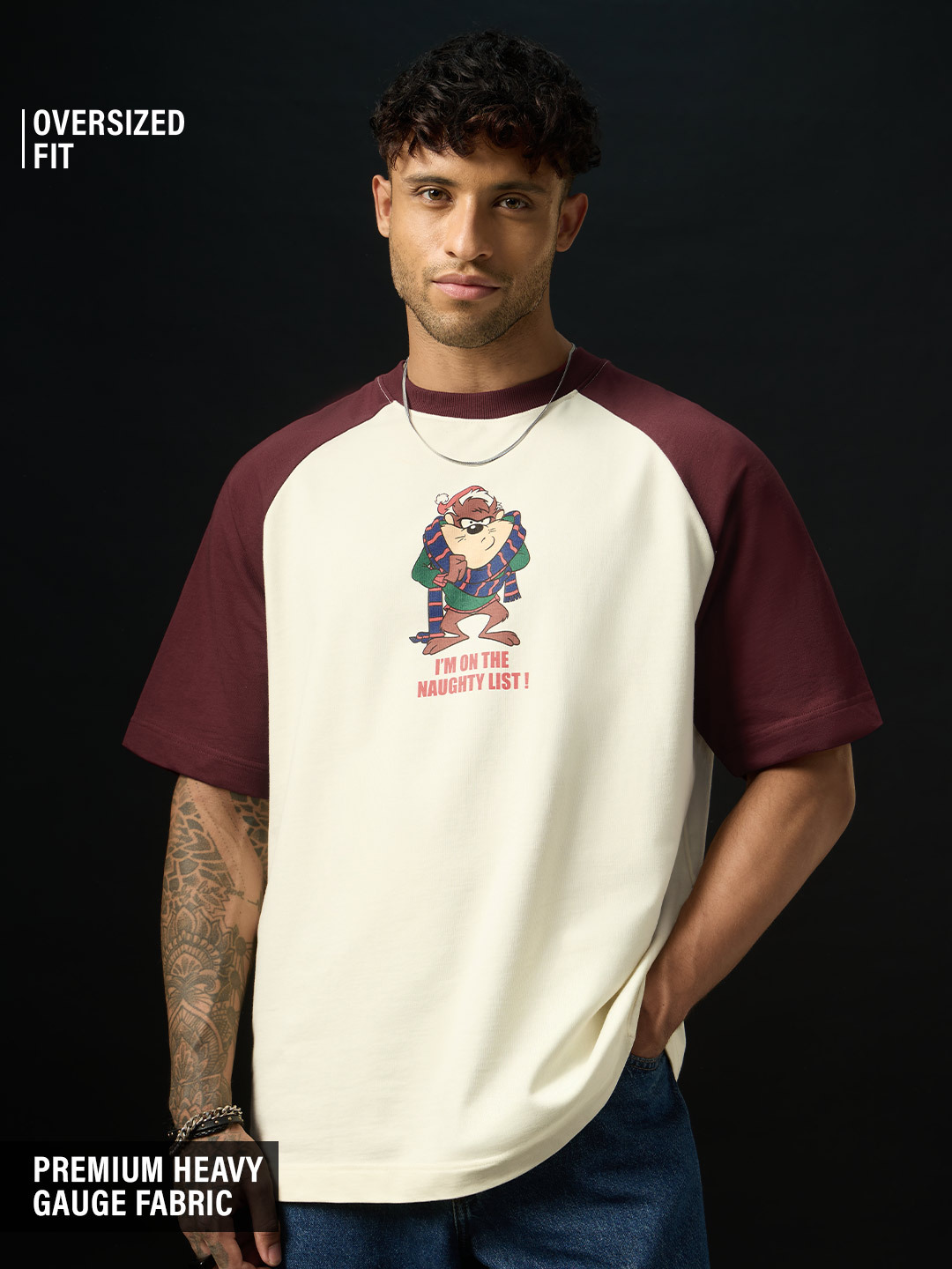 Men Looney Tunes Taz Graphic Cream Oversized T-Shirt