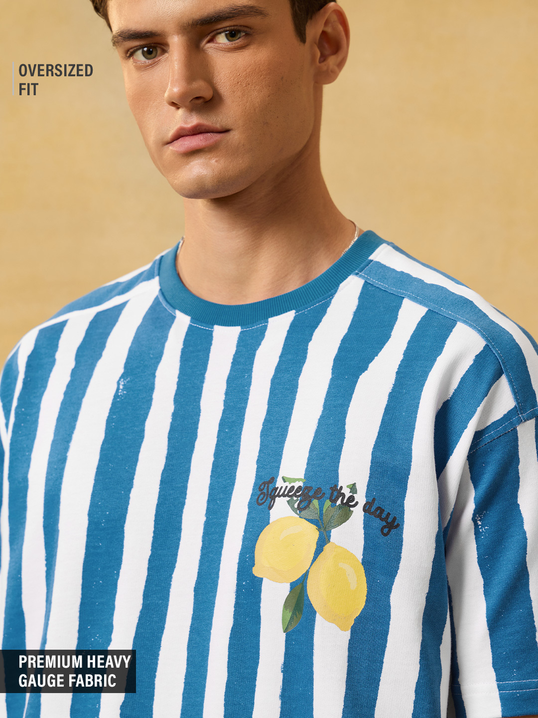 Men Striped Cotton T-Shirt with Squeeze The Day Lemon Print