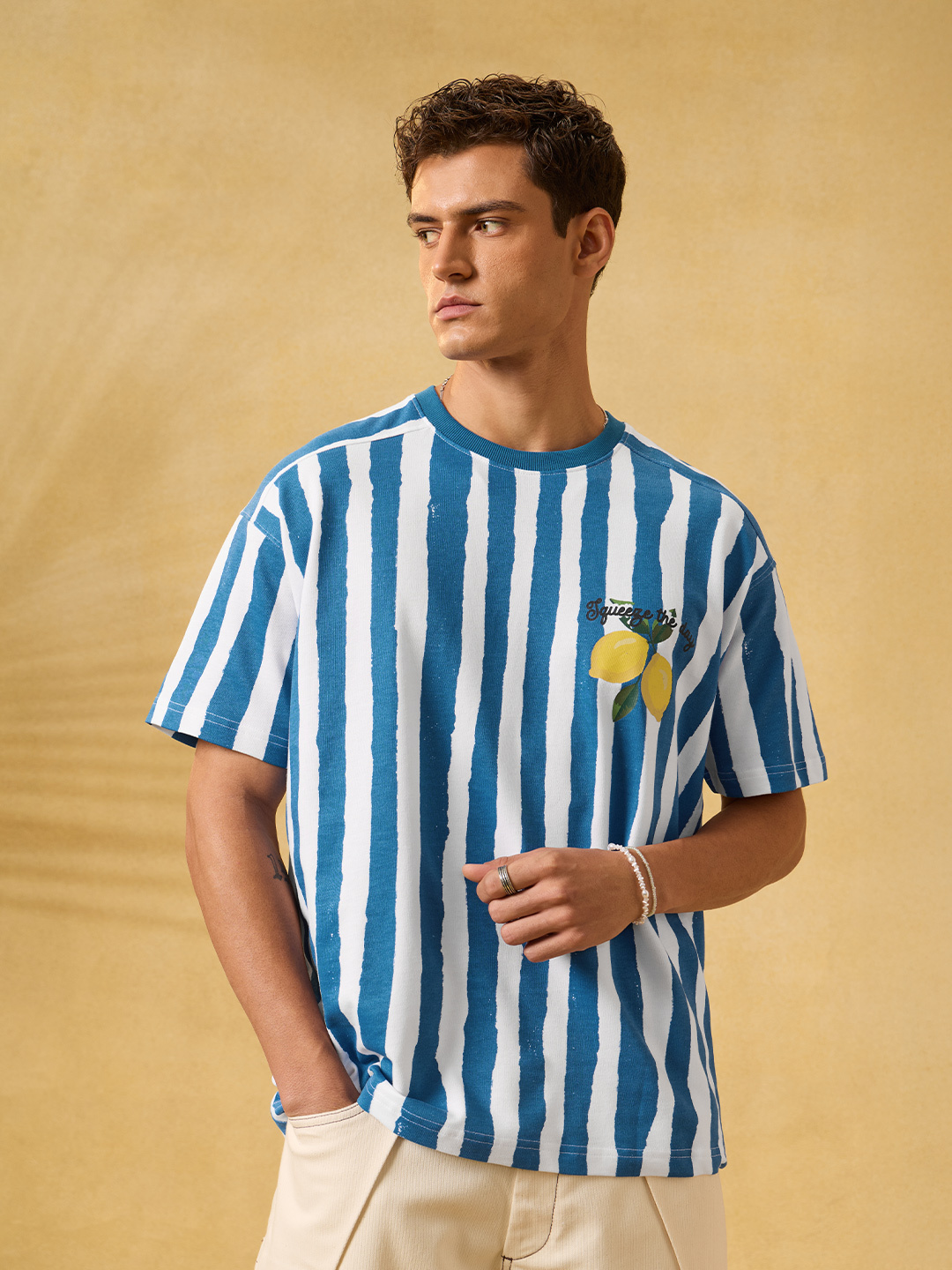 Men Striped Cotton T-Shirt with Squeeze The Day Lemon Print