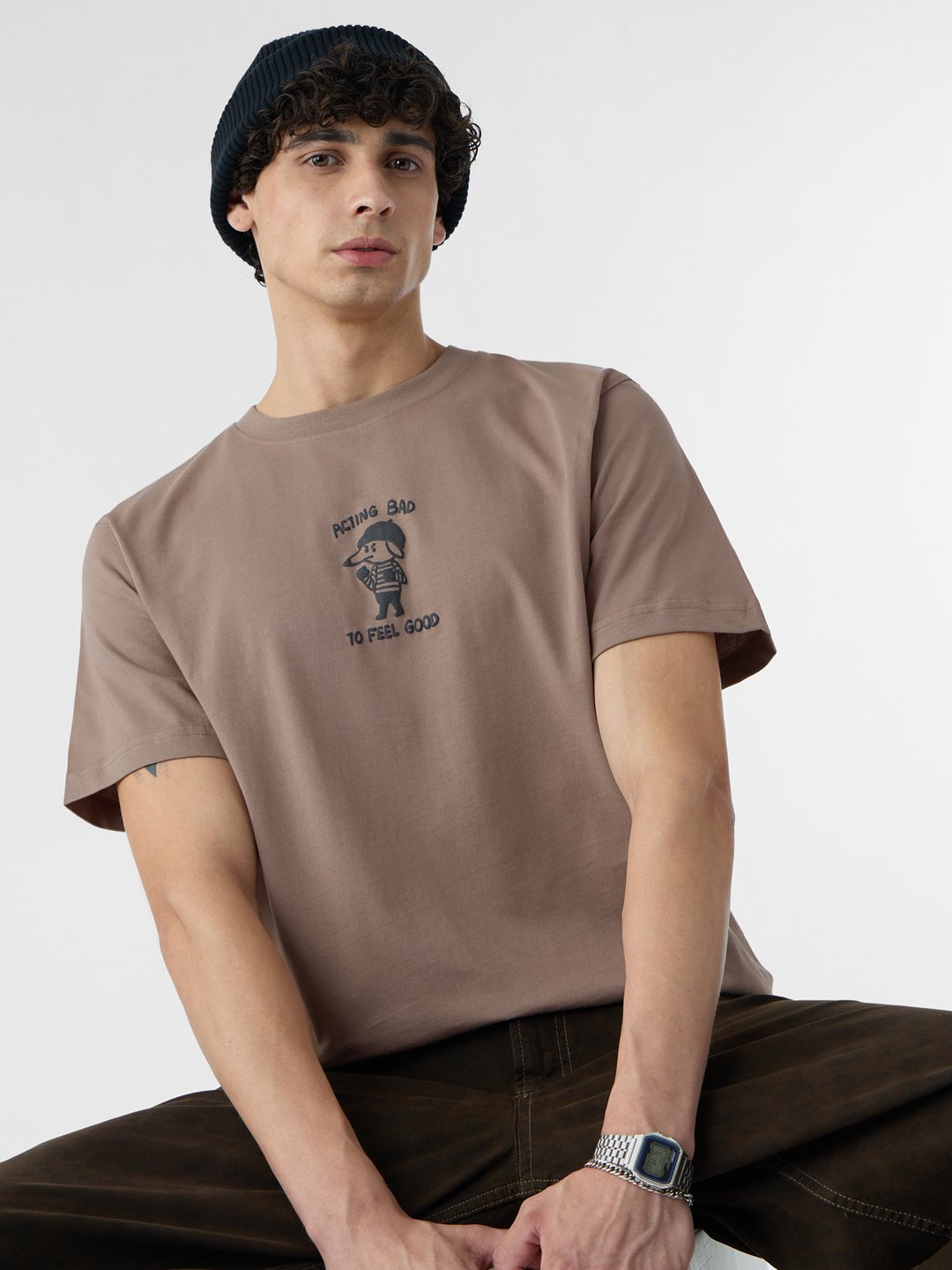Men Brown Graphic Round Neck T-Shirt