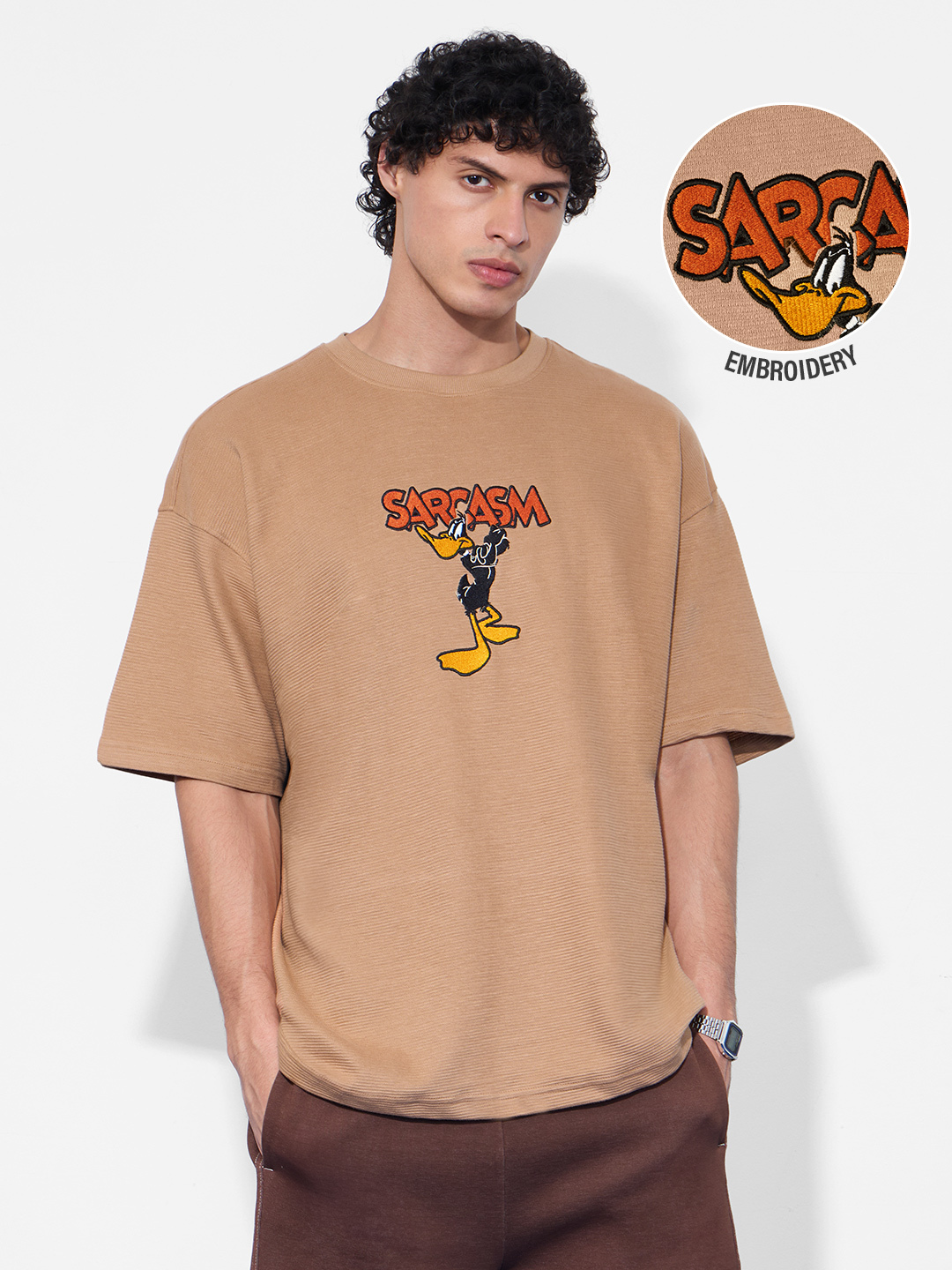 Beige Embroidered Daffy Duck Sarcasm Graphic Oversized T-Shirt