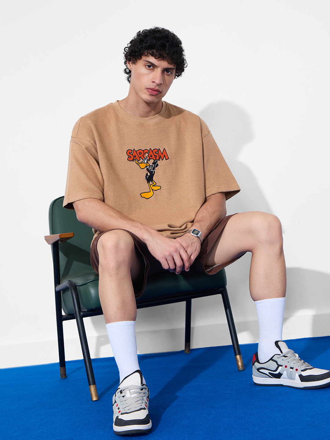 Beige Embroidered Daffy Duck Sarcasm Graphic Oversized T-Shirt