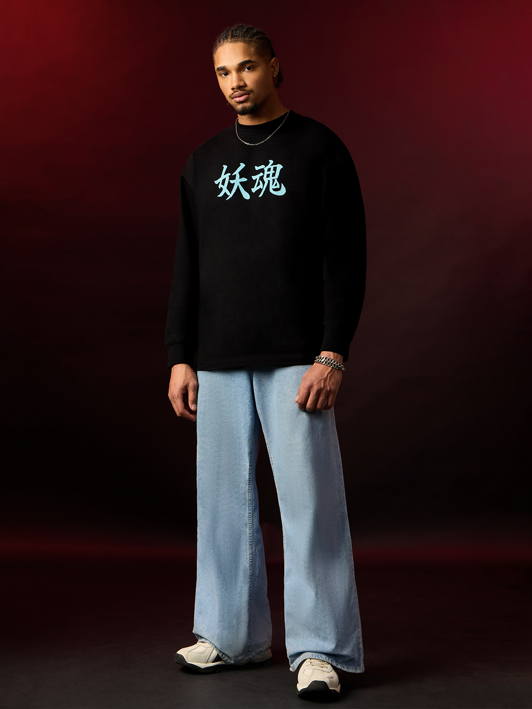 Men Black Oversized Graphic Long Sleeve T-Shirt