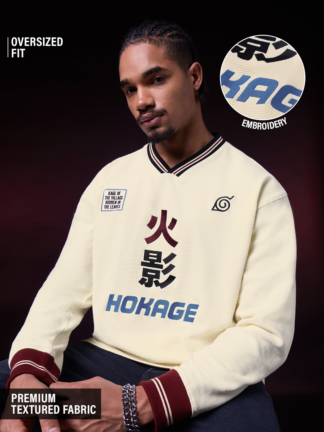 Men Naruto Hokage Embroidered V-Neck Oversized Fit Long Sleeve T-Shirt