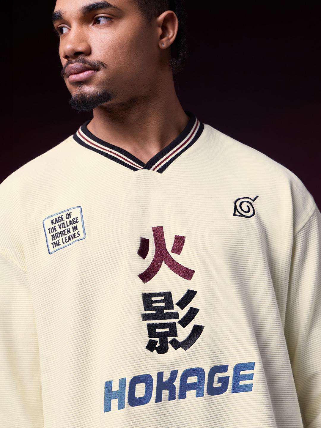 Men Naruto Hokage Embroidered V-Neck Oversized Fit Long Sleeve T-Shirt
