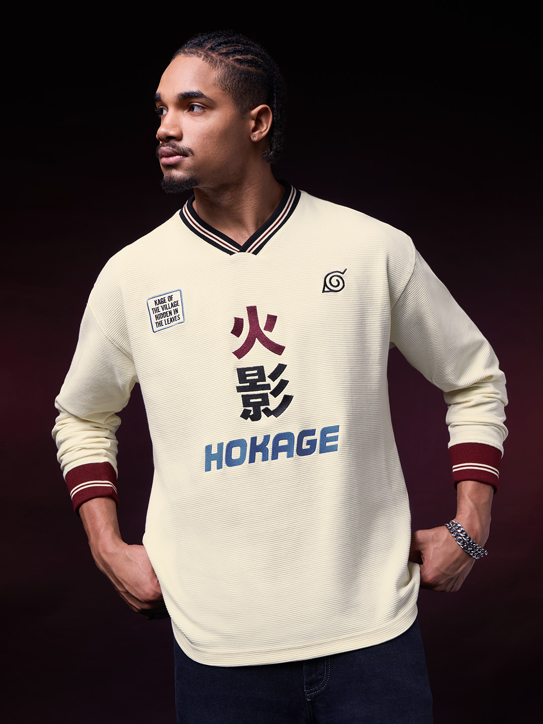 Men Naruto Hokage Embroidered V-Neck Oversized Fit Long Sleeve T-Shirt