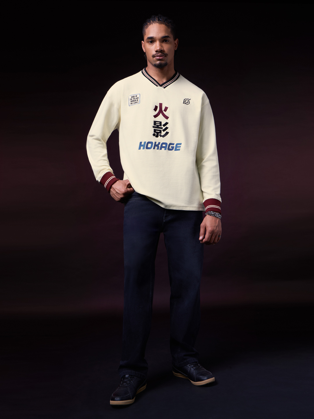 Men Naruto Hokage Embroidered V-Neck Oversized Fit Long Sleeve T-Shirt